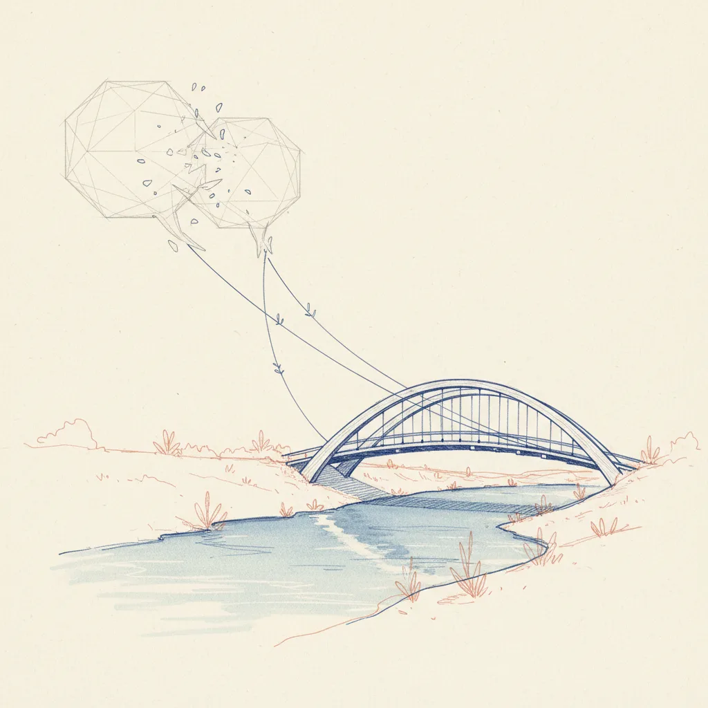 Architectural diagram of two speech bubbles deconstructing into an arch bridge