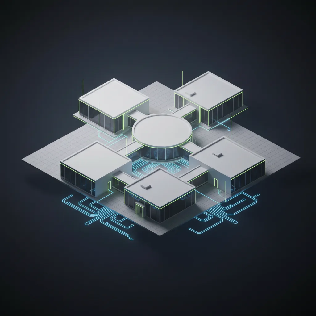 Minimalist architectural diagram of six interconnected office wings representing Musechain departments